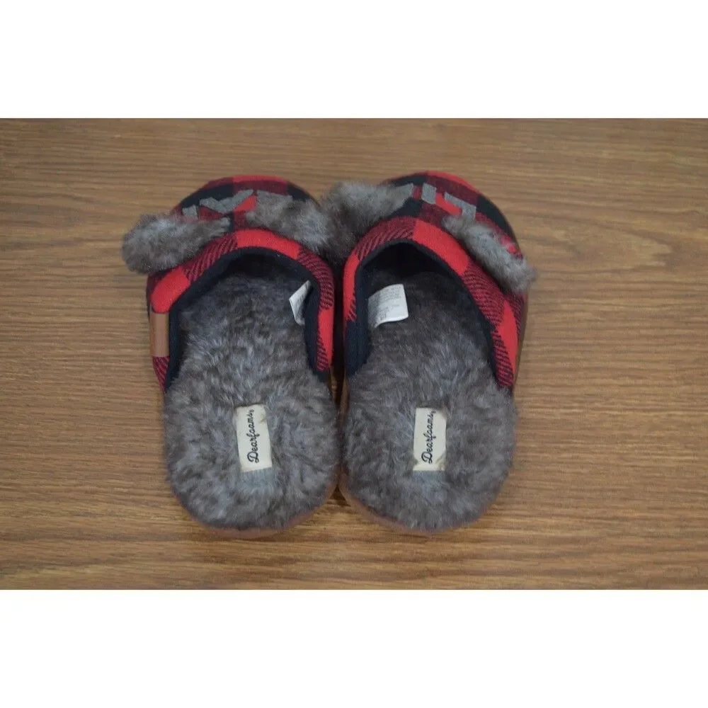 Dearfoams Lil Bear Slippers Kids 2-3 Buffalo Plaid Check Faux Fur Lined 26221